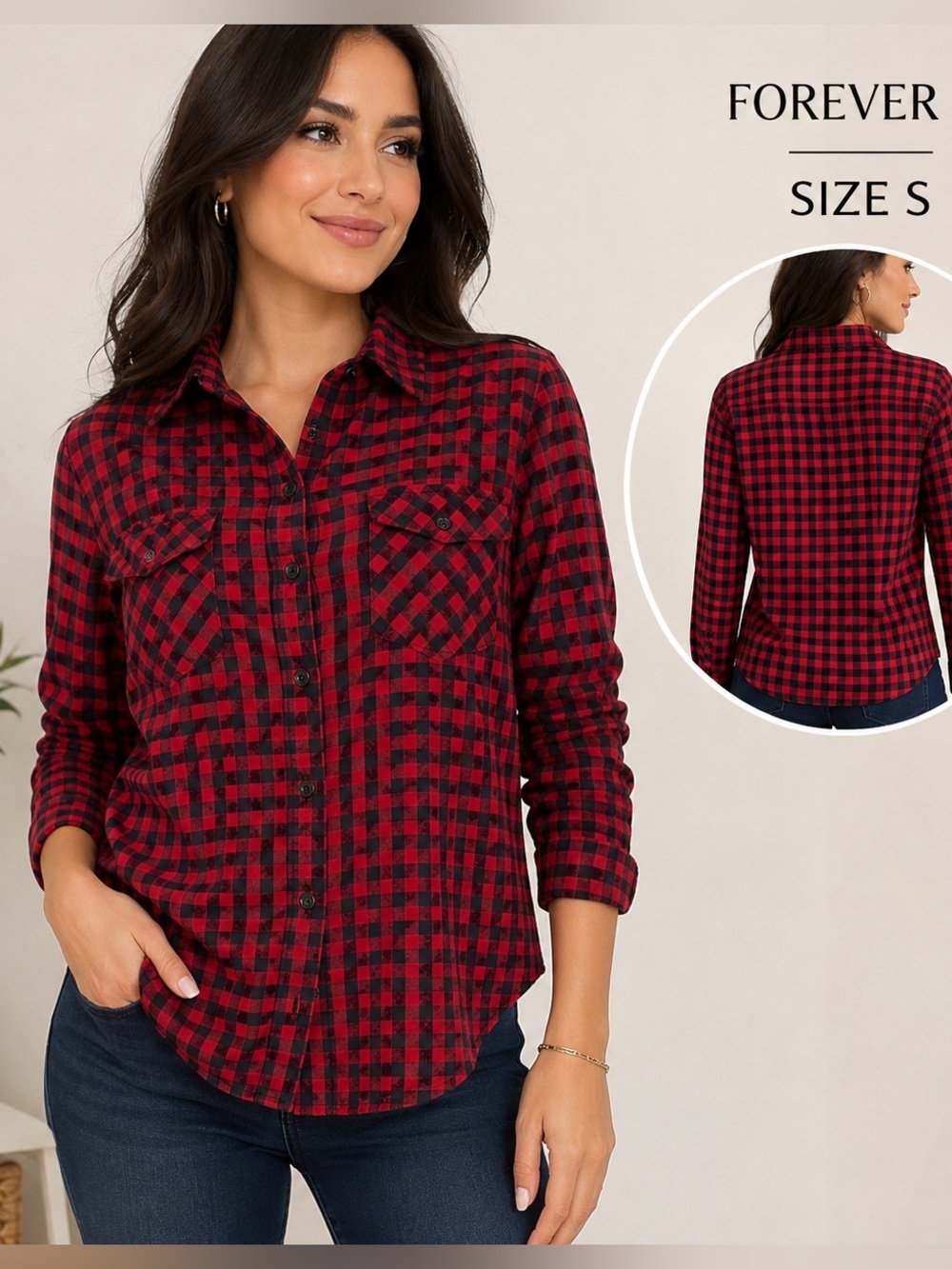 FOREVER 21 long sleeve women red plaid shirt/size S